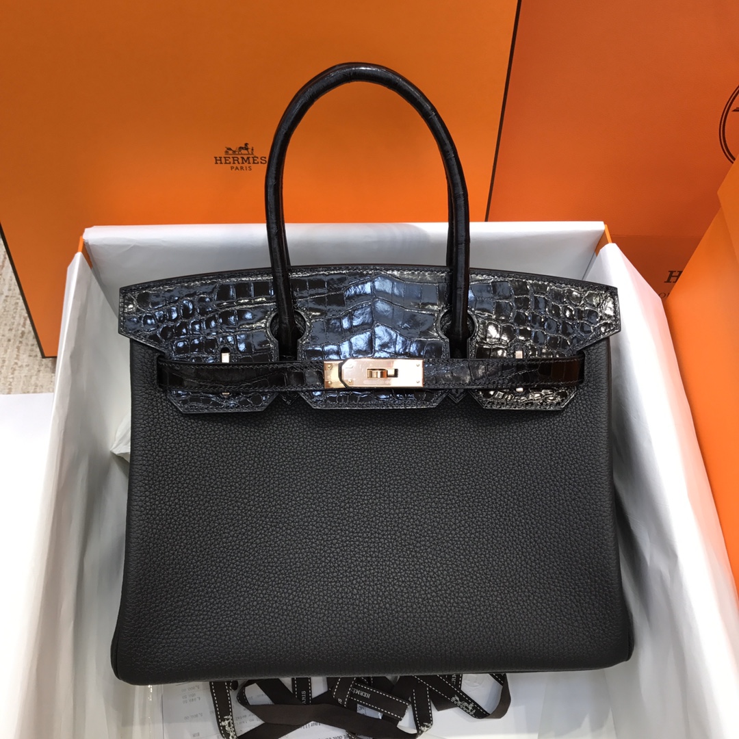 Hermes Touch Birkin 30CM Handbag In Black Clemence and Shiny Niloticus Crocodile Skin